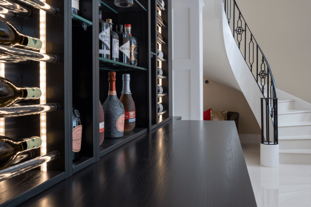 wine wall with shelving and wine cabinet
