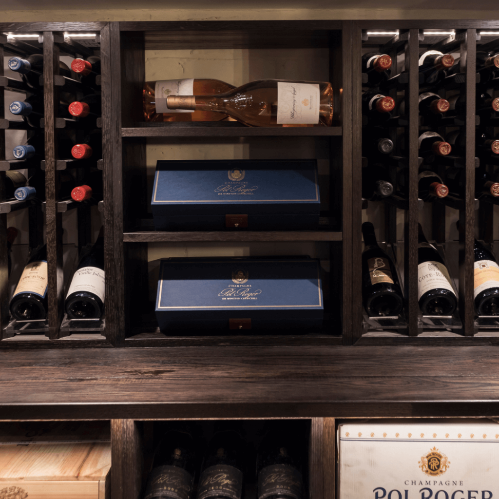 dark wood wine shelves