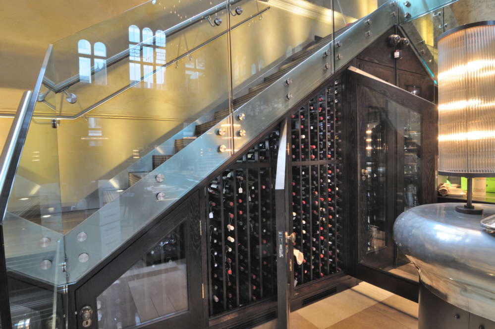 restaurant under stairs wine racks