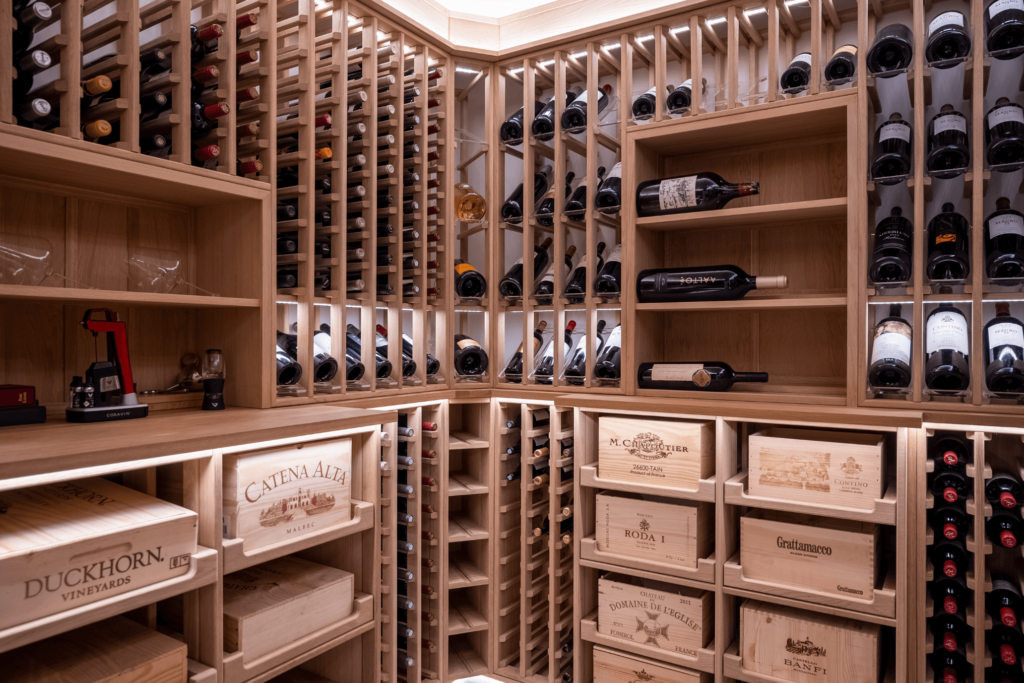 hardwood wine cellar with wine racks