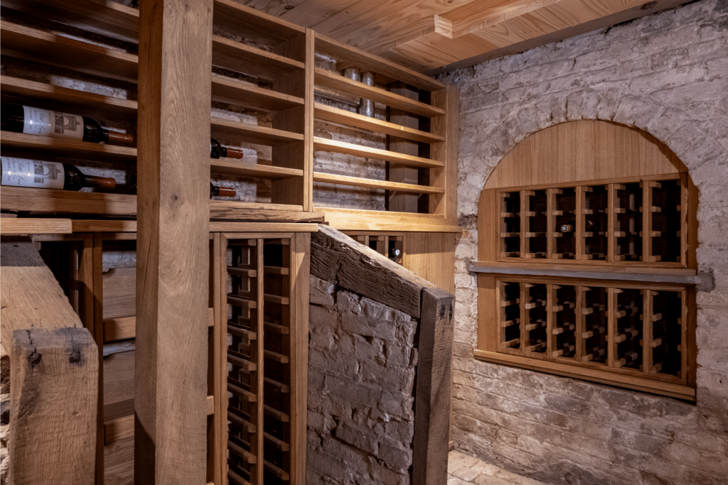 unusual angles of a basement wine cellar
