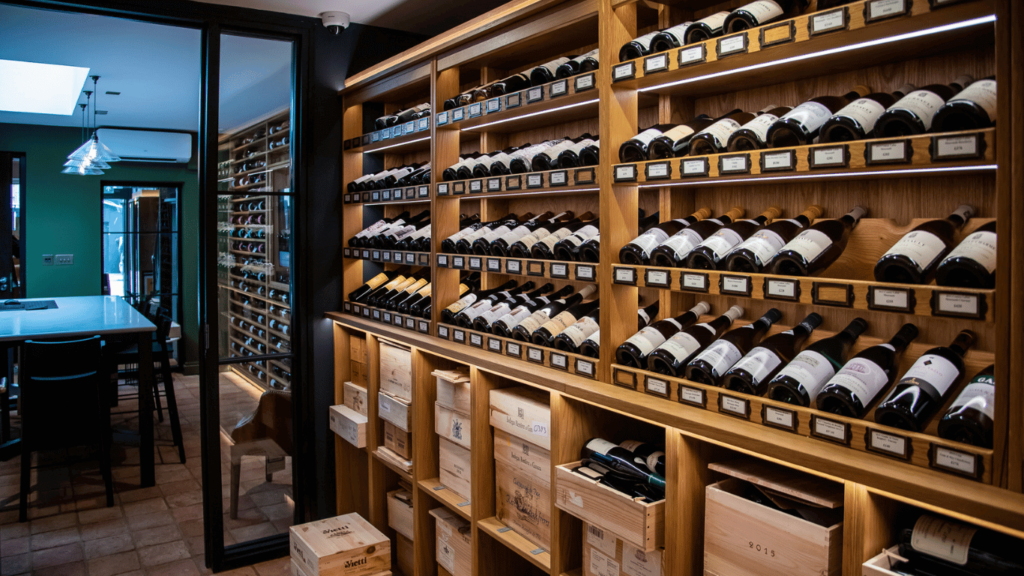 the Sorrells wine cellar, showing rows of angled bottles, designed for a wine shop to display their wine offering